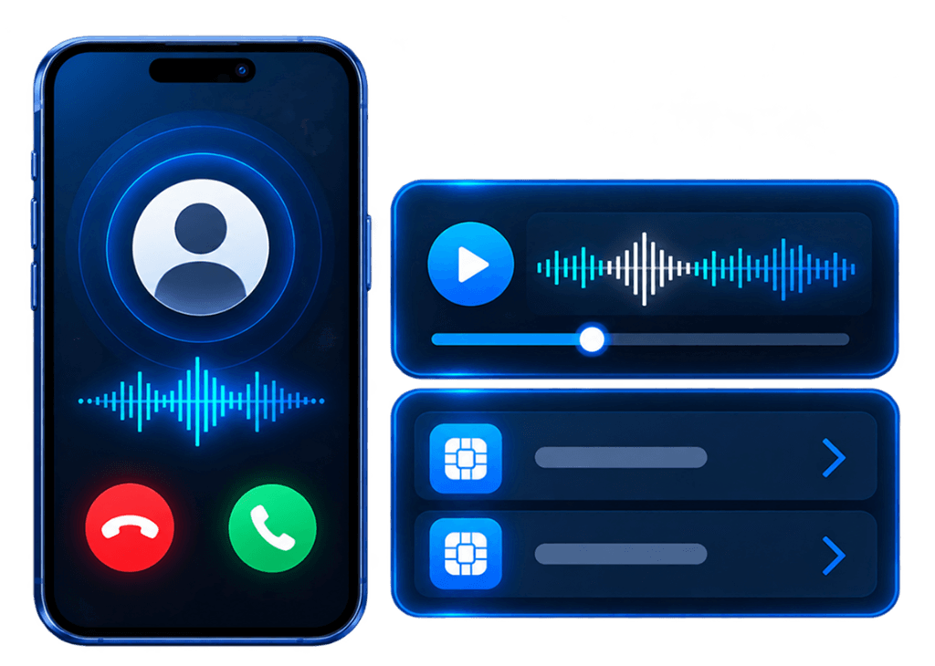 LeadLens AI Sentiment Analysis - Incoming call phone, audio waveform player, and SIM tracking